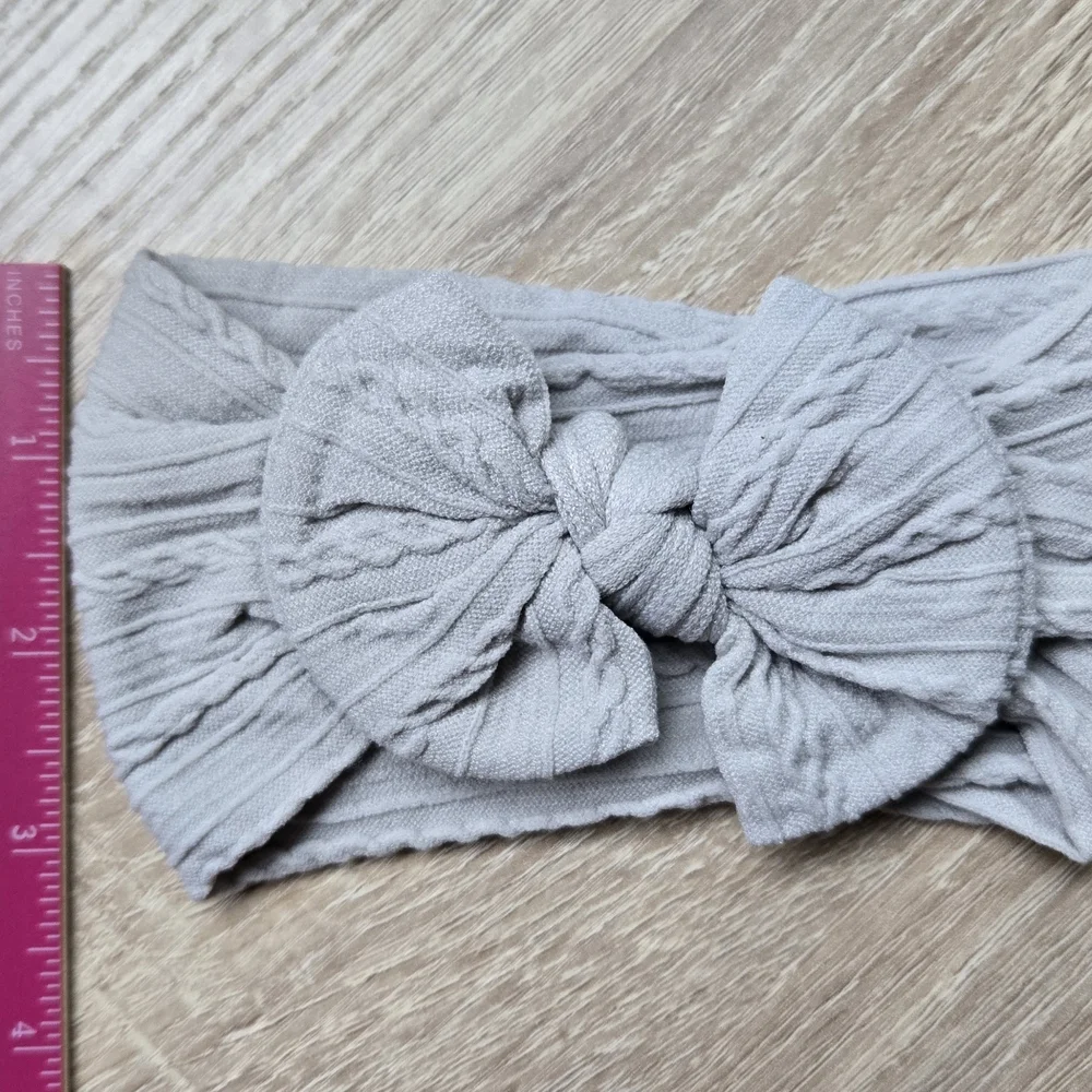 Cable Knit Baby Girl Headband Large Bow Light Gray Elastic Newborn Head Wrap